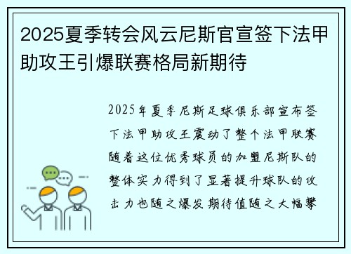 2025夏季转会风云尼斯官宣签下法甲助攻王引爆联赛格局新期待 2025夏季转会风云尼斯官宣签下法甲助攻王引爆联赛格局新期待